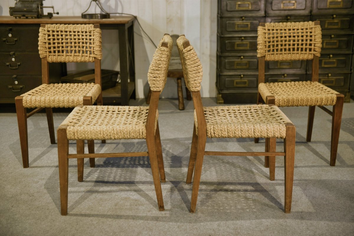 Ensemble de 8 chaises en corde par Adrien AUDOUX & Frida MINET pour VIBO Vesoul 1940’s-photo-1