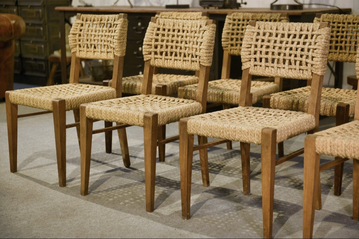 Ensemble de 8 chaises en corde par Adrien AUDOUX & Frida MINET pour VIBO Vesoul 1940’s-photo-2