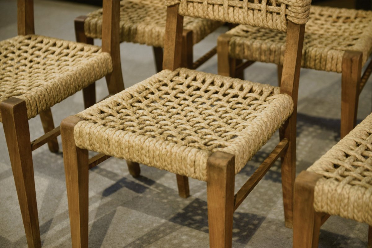 Ensemble de 8 chaises en corde par Adrien AUDOUX & Frida MINET pour VIBO Vesoul 1940’s-photo-4