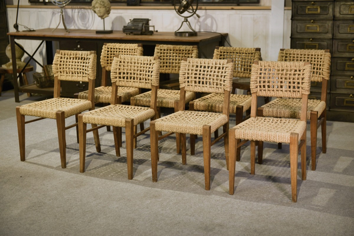 Ensemble de 8 chaises en corde par Adrien AUDOUX & Frida MINET pour VIBO Vesoul 1940’s