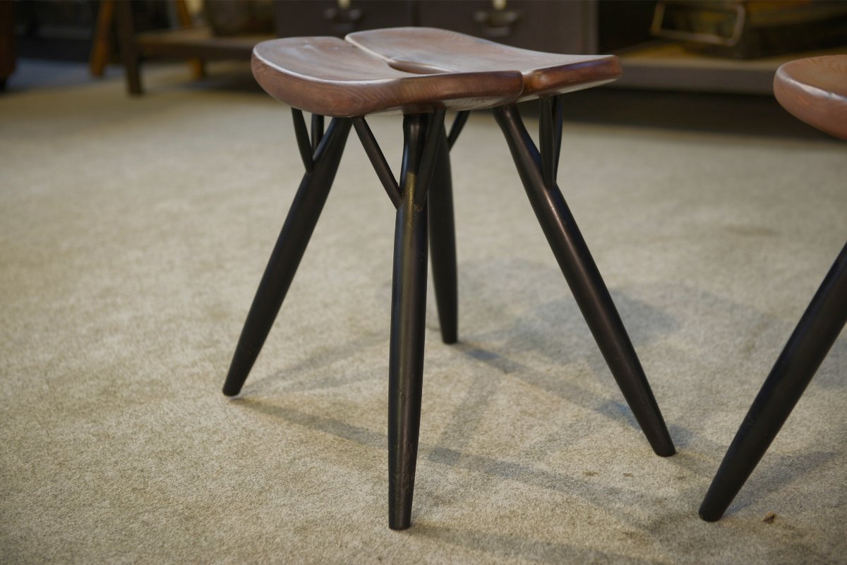 Paire de tabourets Pirkka par Ilmari Tapiovaara pour Laukaan Puu (première édition, estampillé)-photo-4