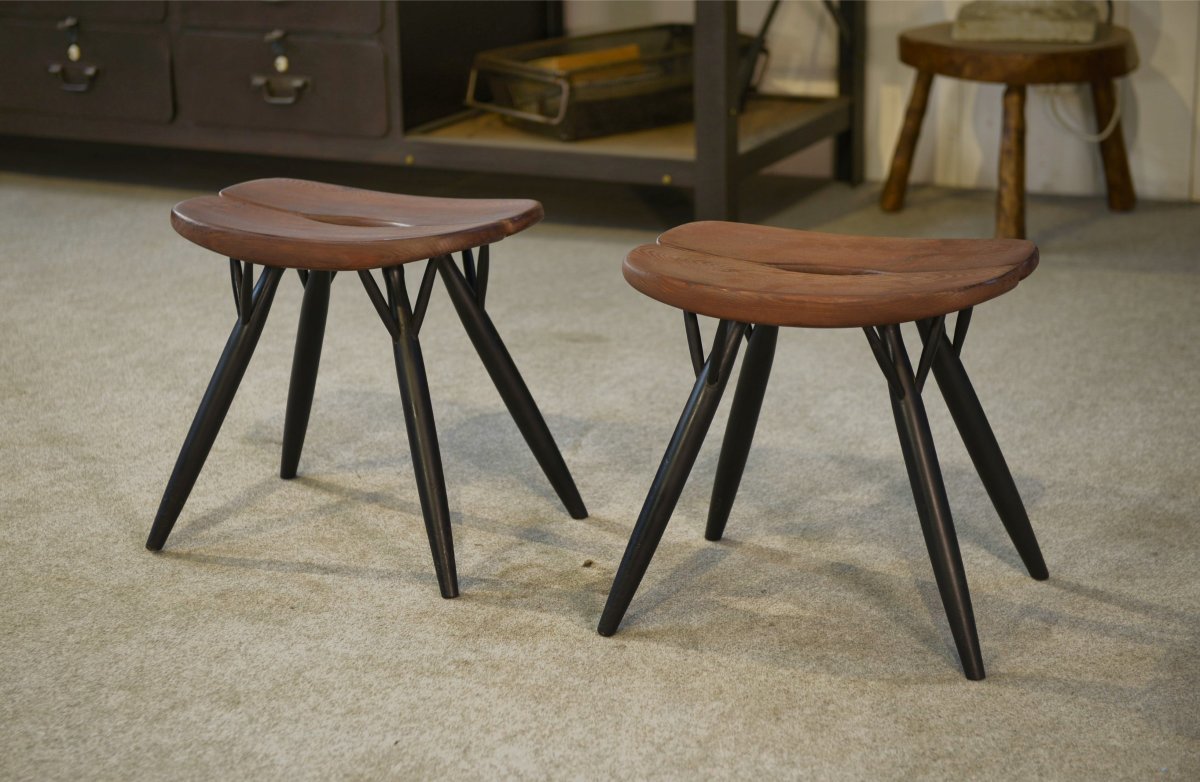 Paire de tabourets Pirkka par Ilmari Tapiovaara pour Laukaan Puu (première édition, estampillé)-photo-5