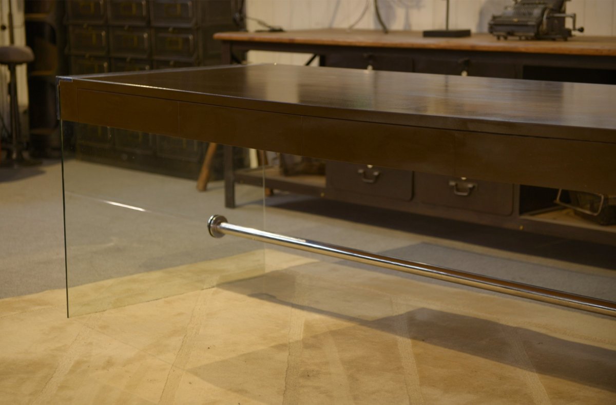 Designer Desk In Melamine, Glass And Chrome, 1980s-photo-3