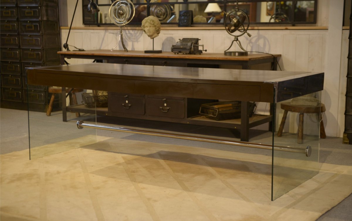 Designer Desk In Melamine, Glass And Chrome, 1980s-photo-4