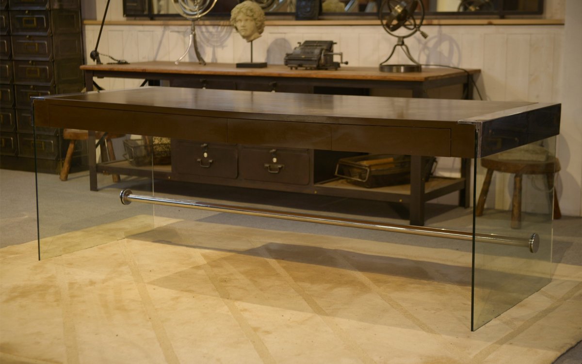 Designer Desk In Melamine, Glass And Chrome, 1980s-photo-3