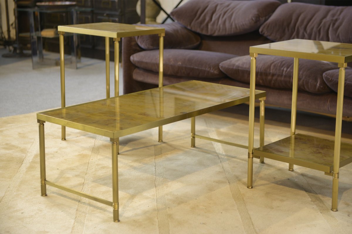 Ensemble table basse et 2 bouts de canapé néo-classique verre églomisé 1980's-photo-3