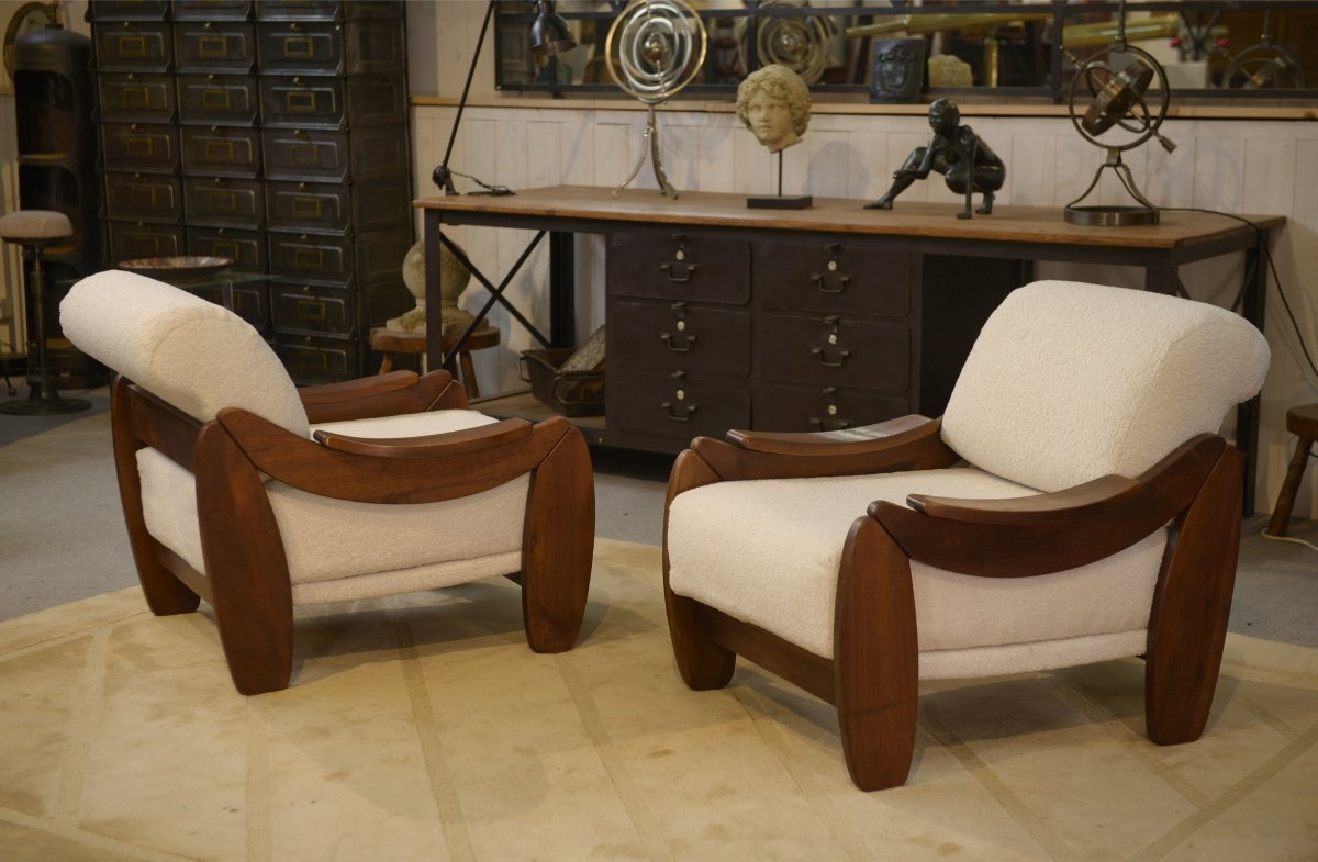 Paire de fauteuils brutalistes en acajou et bouclettes écrues 1970's-photo-2