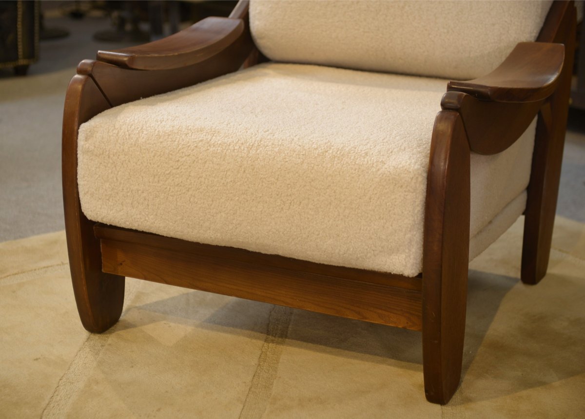 Paire de fauteuils brutalistes en acajou et bouclettes écrues 1970's-photo-4
