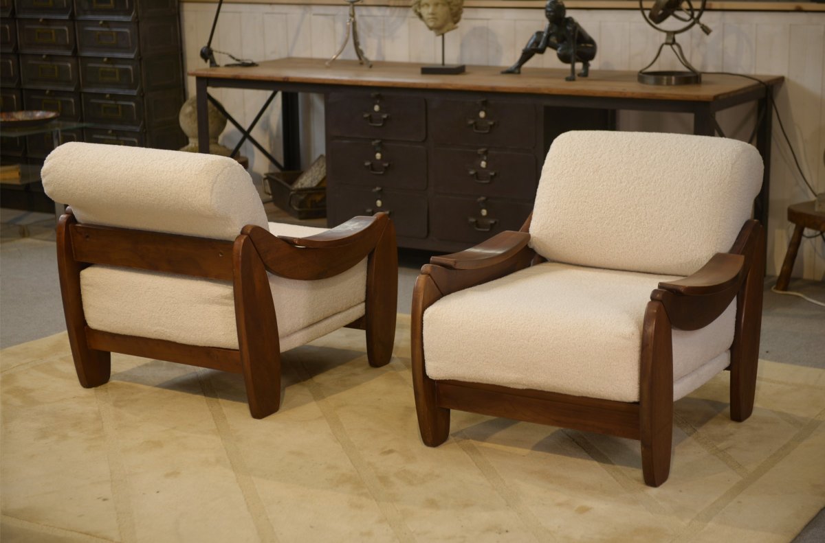 Paire de fauteuils brutalistes en acajou et bouclettes écrues 1970's-photo-1