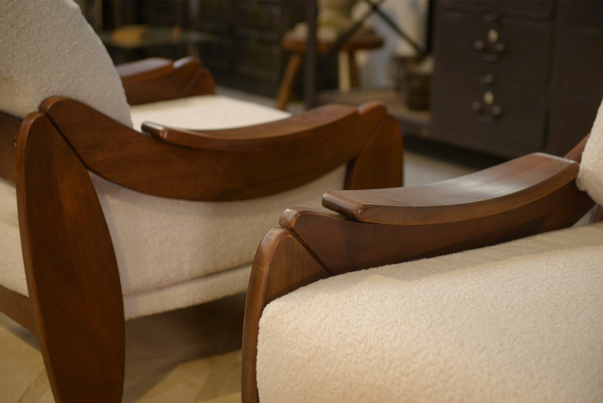 Paire de fauteuils brutalistes en acajou et bouclettes écrues 1970's-photo-2