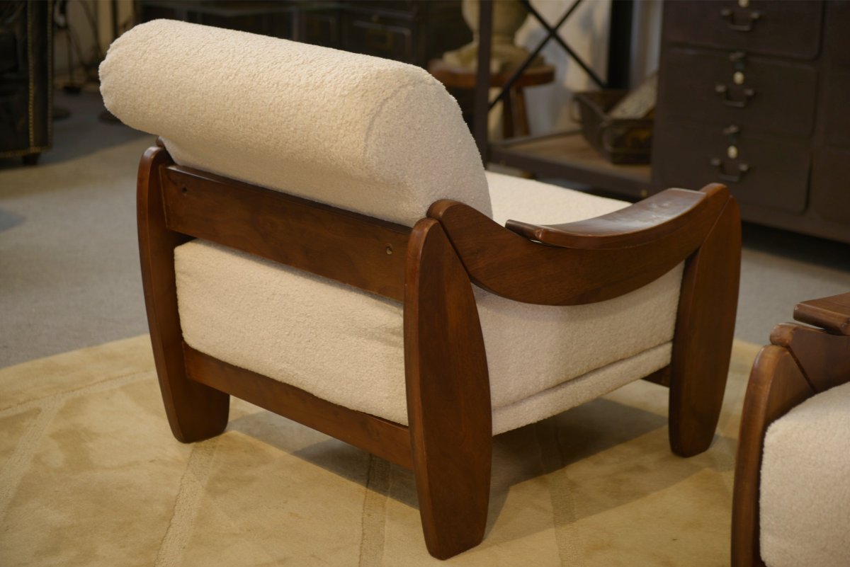 Paire de fauteuils brutalistes en acajou et bouclettes écrues 1970's-photo-3