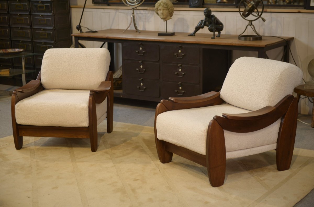 Paire de fauteuils brutalistes en acajou et bouclettes écrues 1970's-photo-4