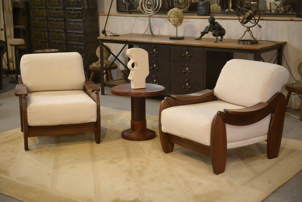 Paire de fauteuils brutalistes en acajou et bouclettes écrues 1970's-photo-5