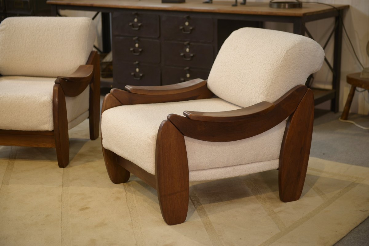 Paire de fauteuils brutalistes en acajou et bouclettes écrues 1970's-photo-6