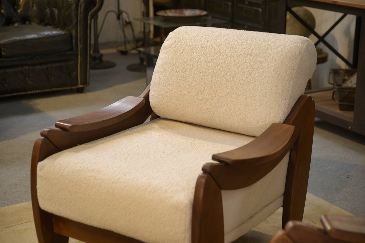 Paire de fauteuils brutalistes en acajou et bouclettes écrues 1970's-photo-7