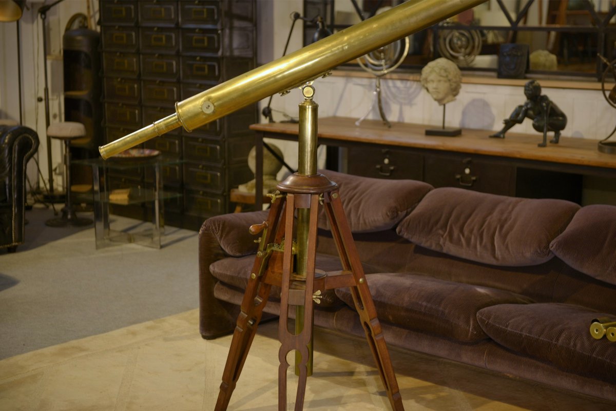 Ancien télescope/lunette astronomique laiton et acajou 1930's-photo-1