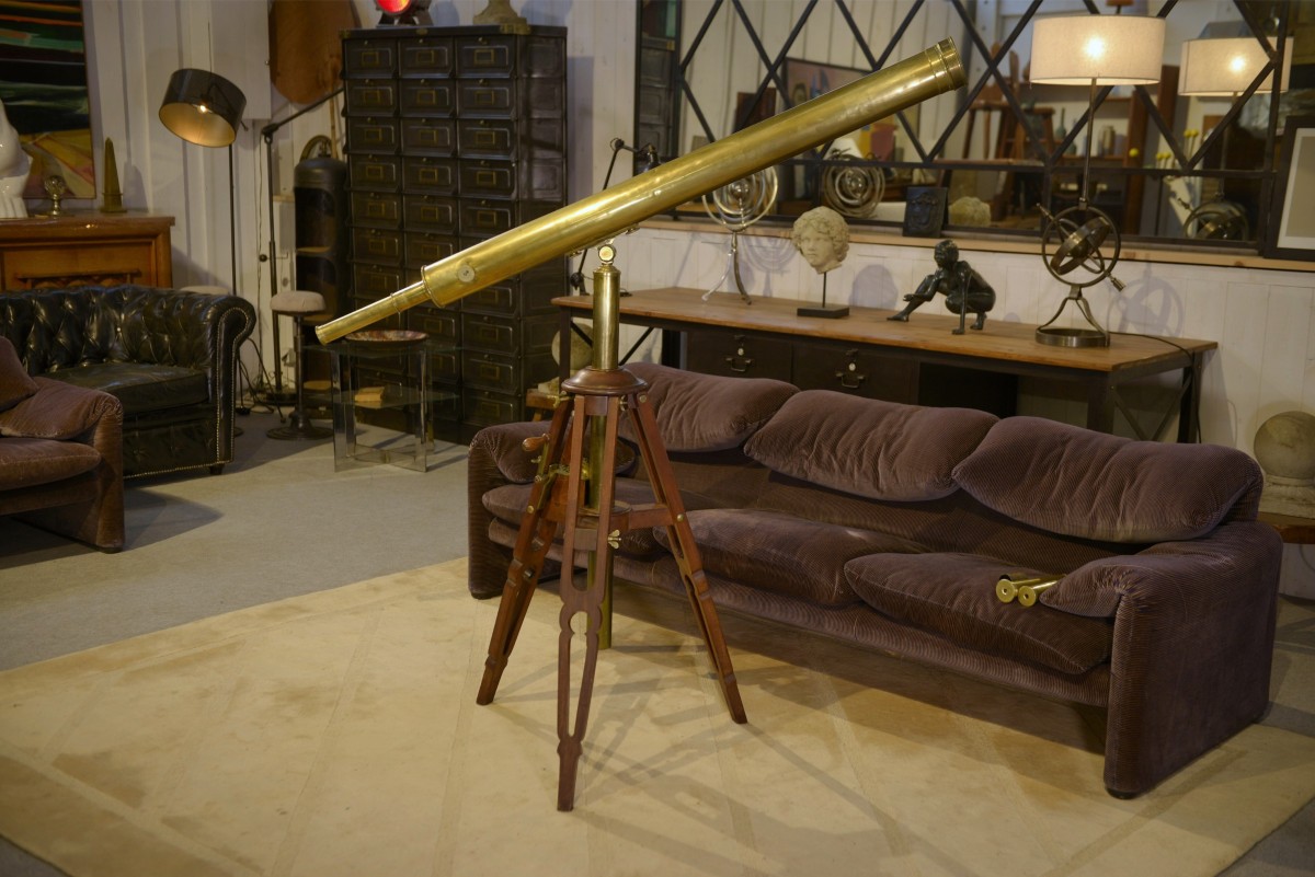 Ancien télescope/lunette astronomique laiton et acajou 1930's