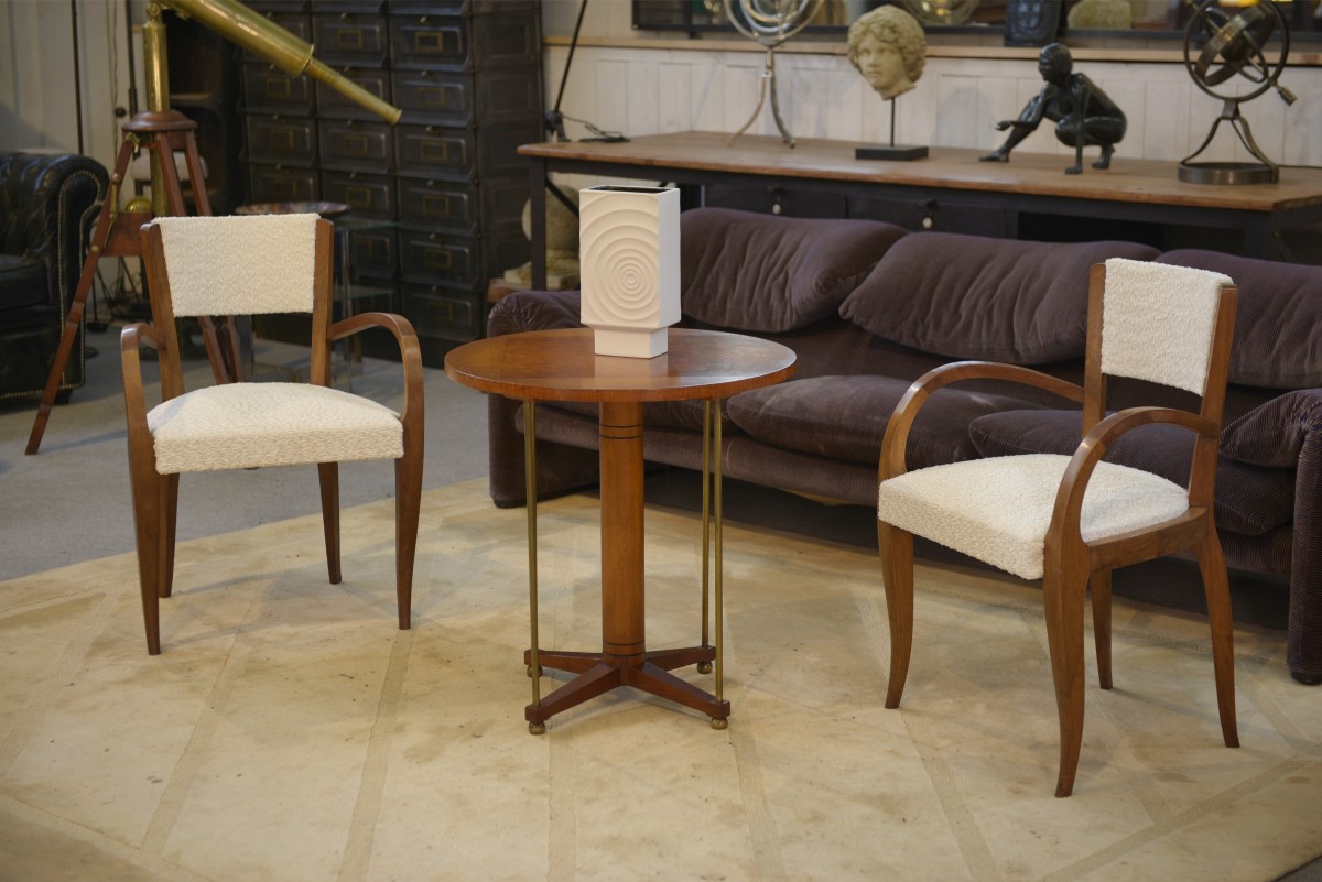 Paire de fauteuils bridge en noyer et bouclettes écrues début 20ème