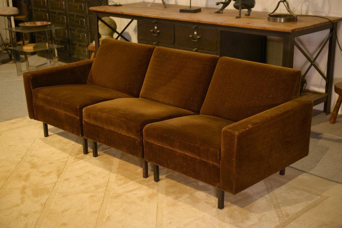 1960's Brown Velvet Sofa And 2 Armchairs Set-photo-2