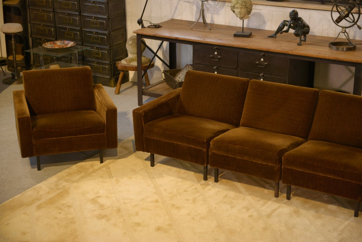 1960's Brown Velvet Sofa And 2 Armchairs Set-photo-3