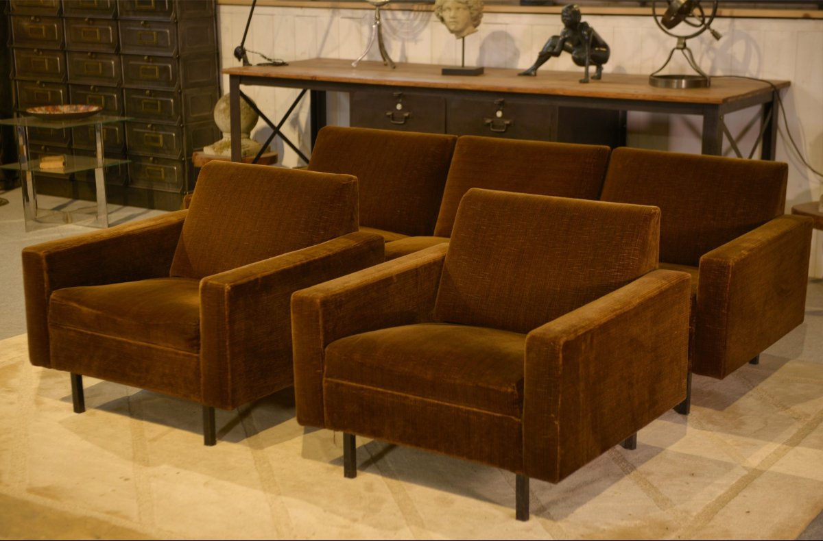 1960's Brown Velvet Sofa And 2 Armchairs Set-photo-4