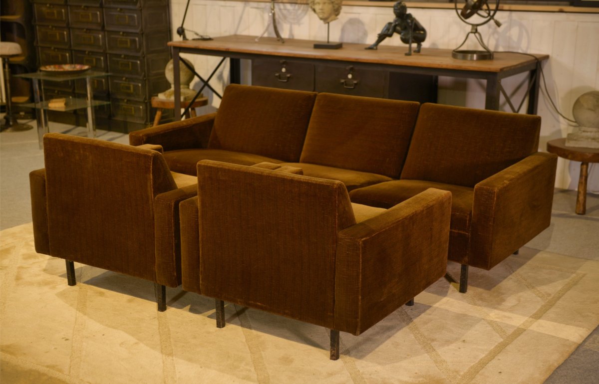 1960's Brown Velvet Sofa And 2 Armchairs Set-photo-1