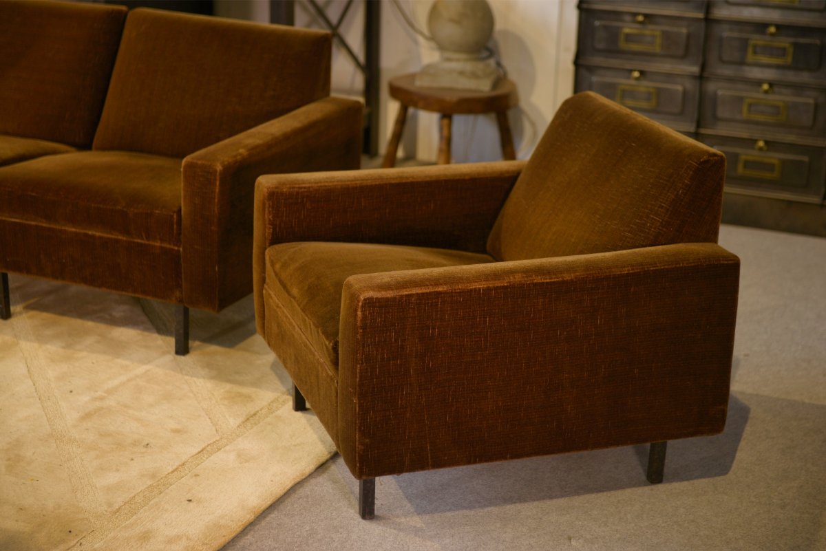 1960's Brown Velvet Sofa And 2 Armchairs Set-photo-2