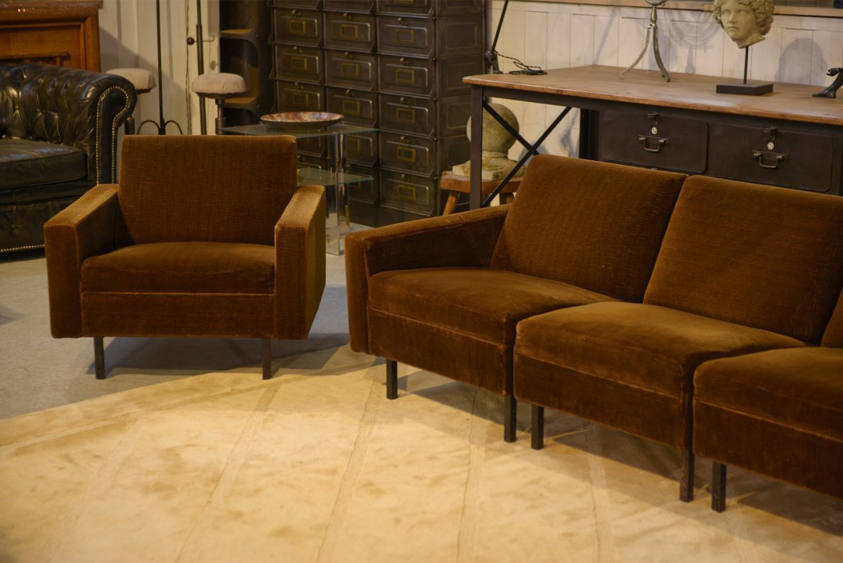 1960's Brown Velvet Sofa And 2 Armchairs Set-photo-3