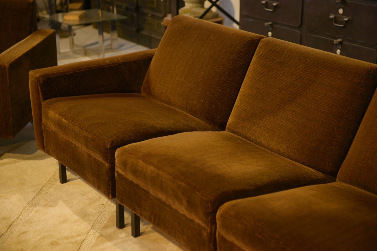 1960's Brown Velvet Sofa And 2 Armchairs Set-photo-5