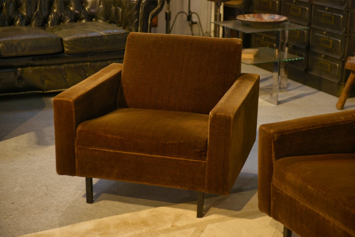 1960's Brown Velvet Sofa And 2 Armchairs Set-photo-6