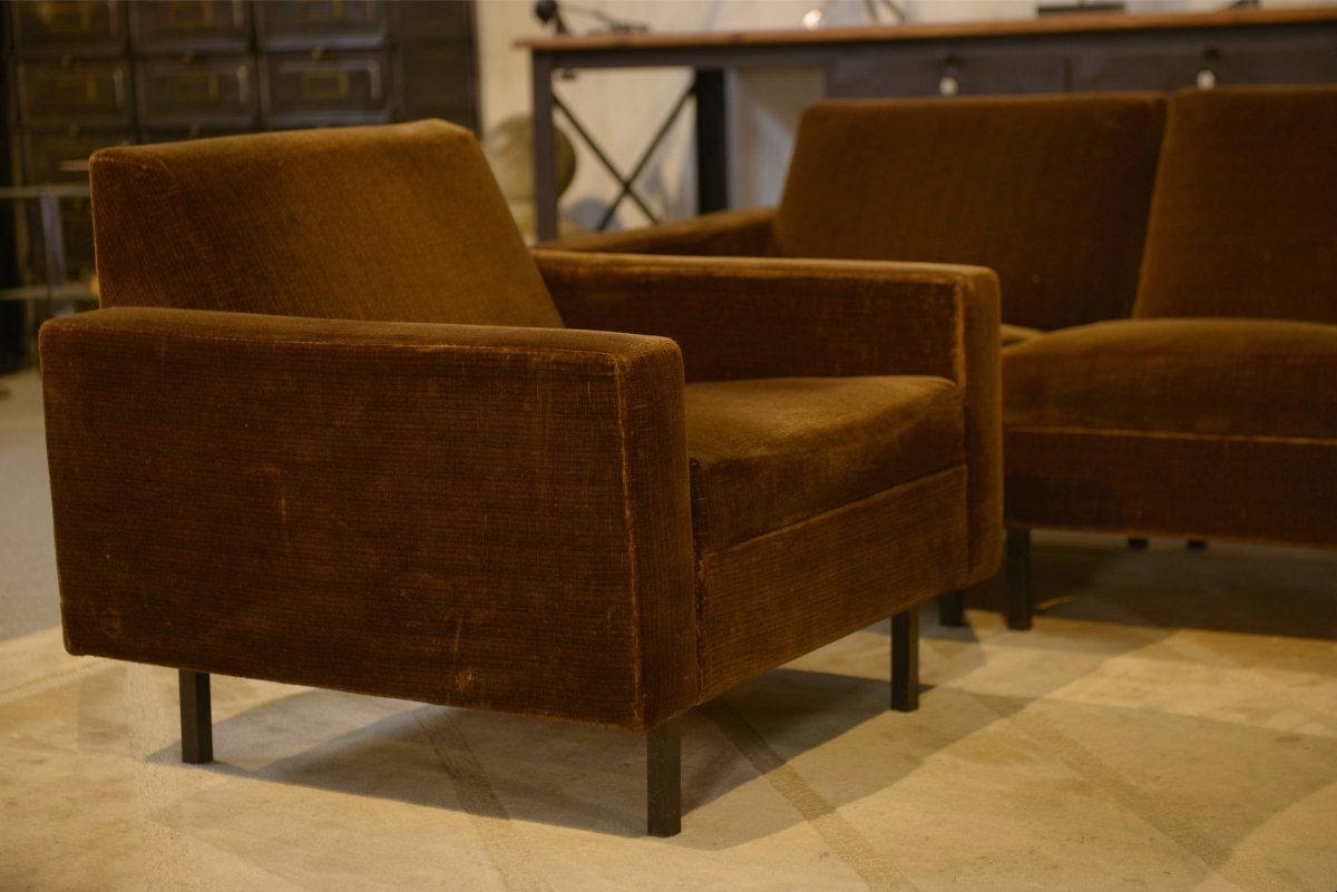 1960's Brown Velvet Sofa And 2 Armchairs Set-photo-7