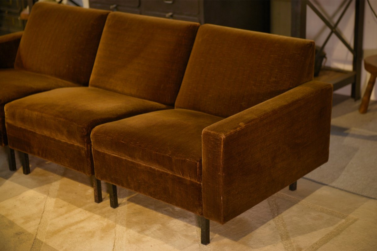 1960's Brown Velvet Sofa And 2 Armchairs Set-photo-8