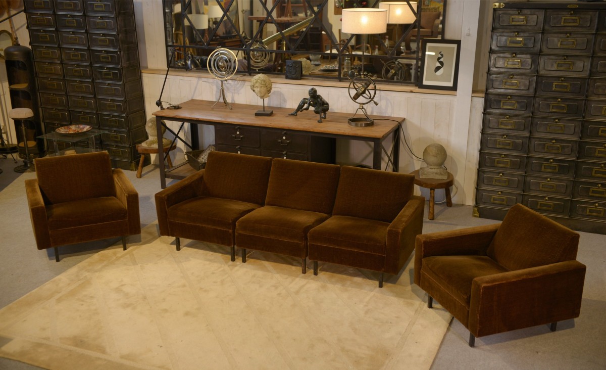 1960's Brown Velvet Sofa And 2 Armchairs Set