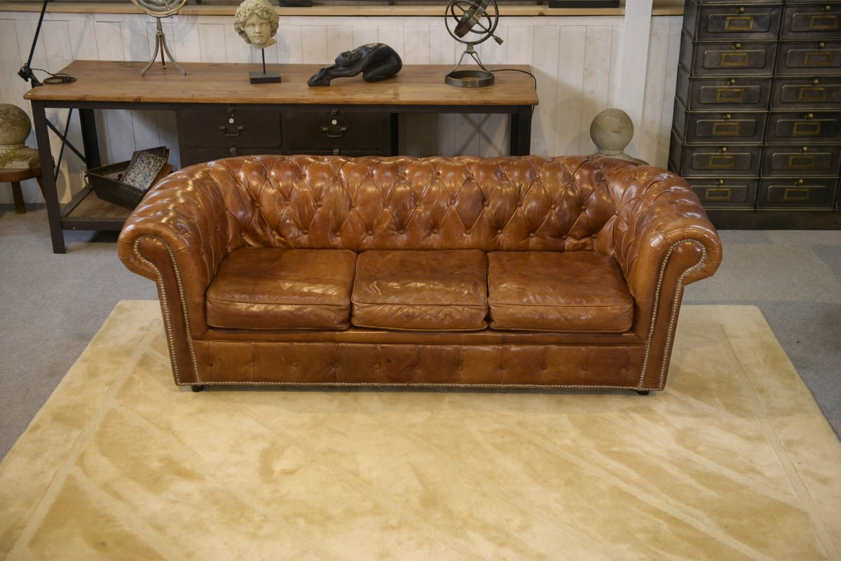Canapé Chesterfield en cuir marron-photo-3
