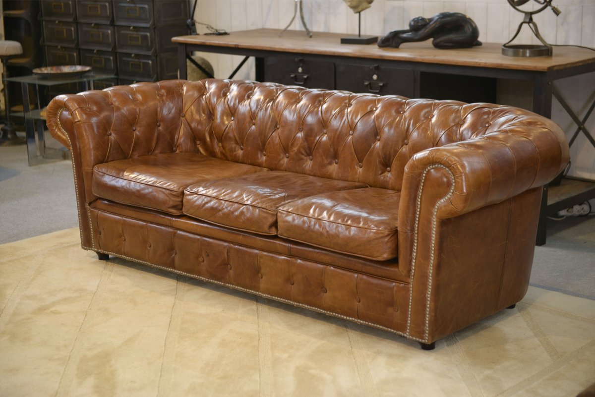 Canapé Chesterfield en cuir marron-photo-3