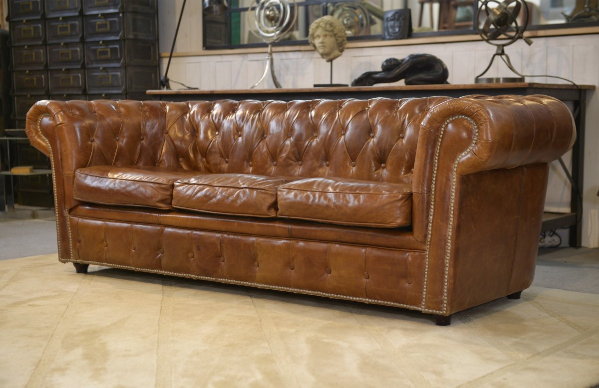 Canapé Chesterfield en cuir marron-photo-7