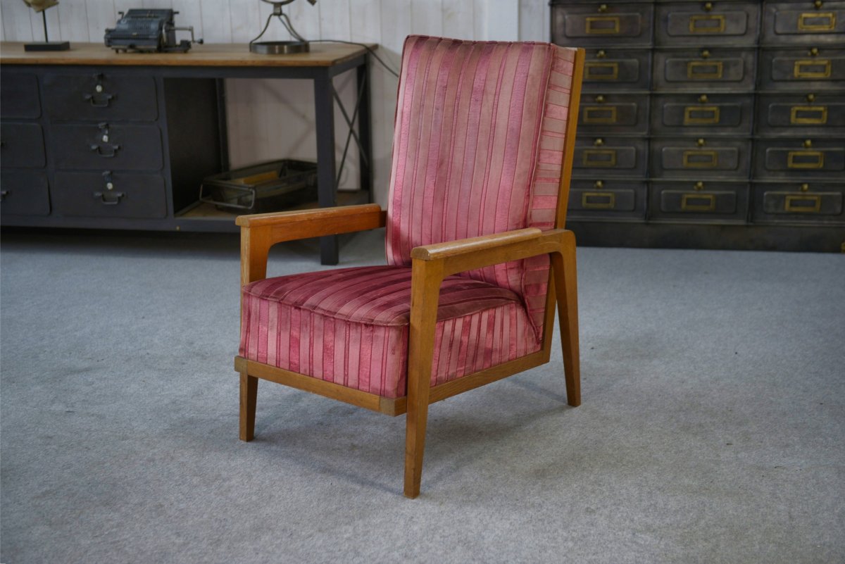 Oak And Velvet Armchair 1940's-photo-2