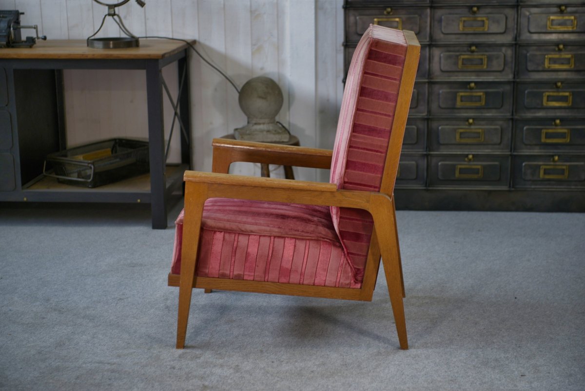Oak And Velvet Armchair 1940's-photo-1