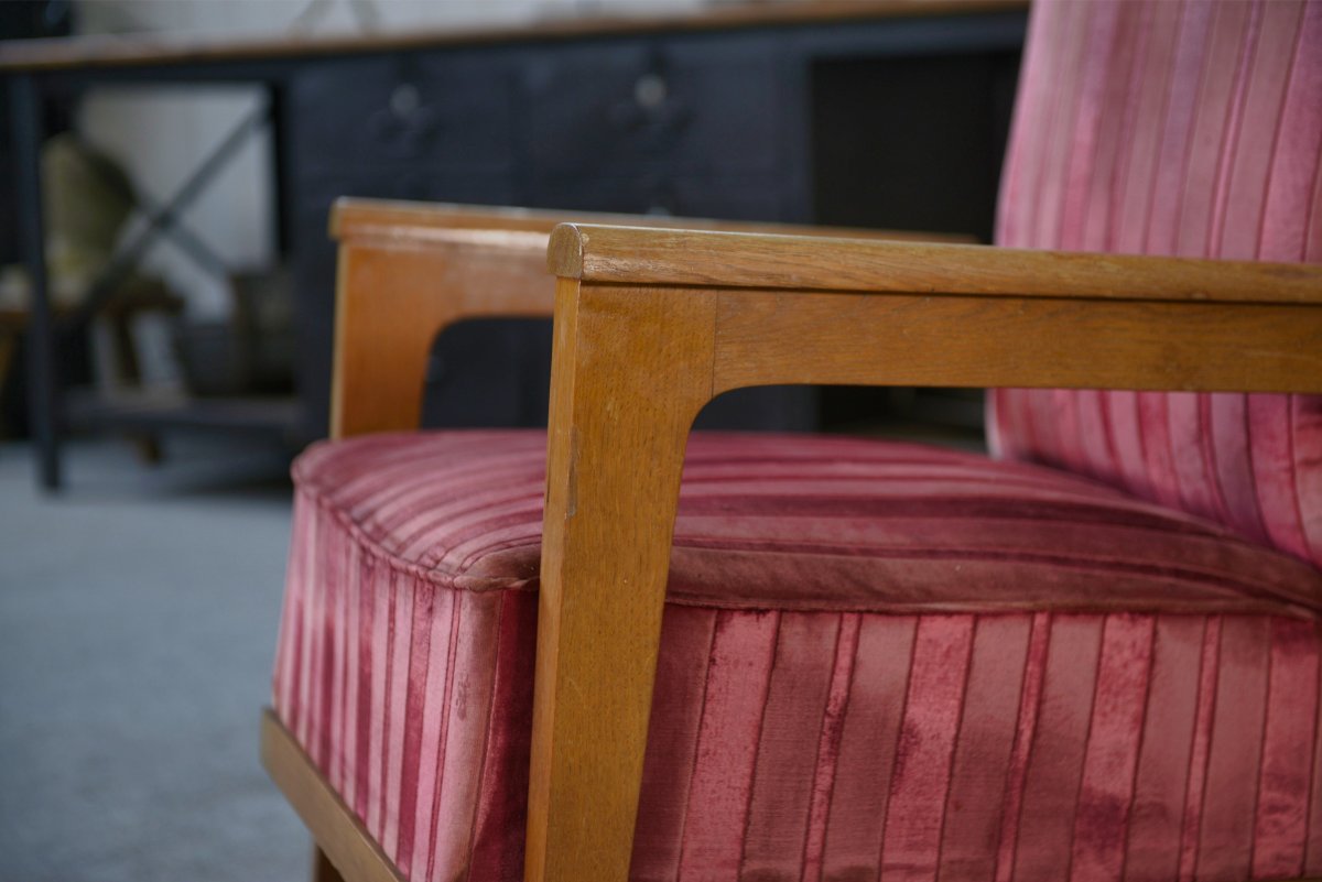 Oak And Velvet Armchair 1940's-photo-4