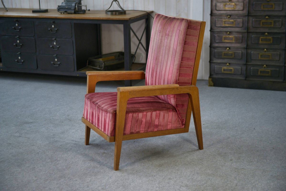 Oak And Velvet Armchair 1940's