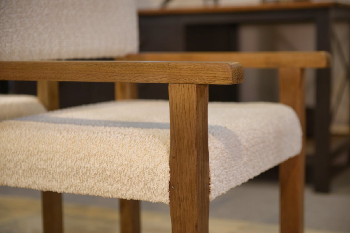 Pair Of Brutalist Oak Armchairs With Ecru Curls 1950's-photo-2