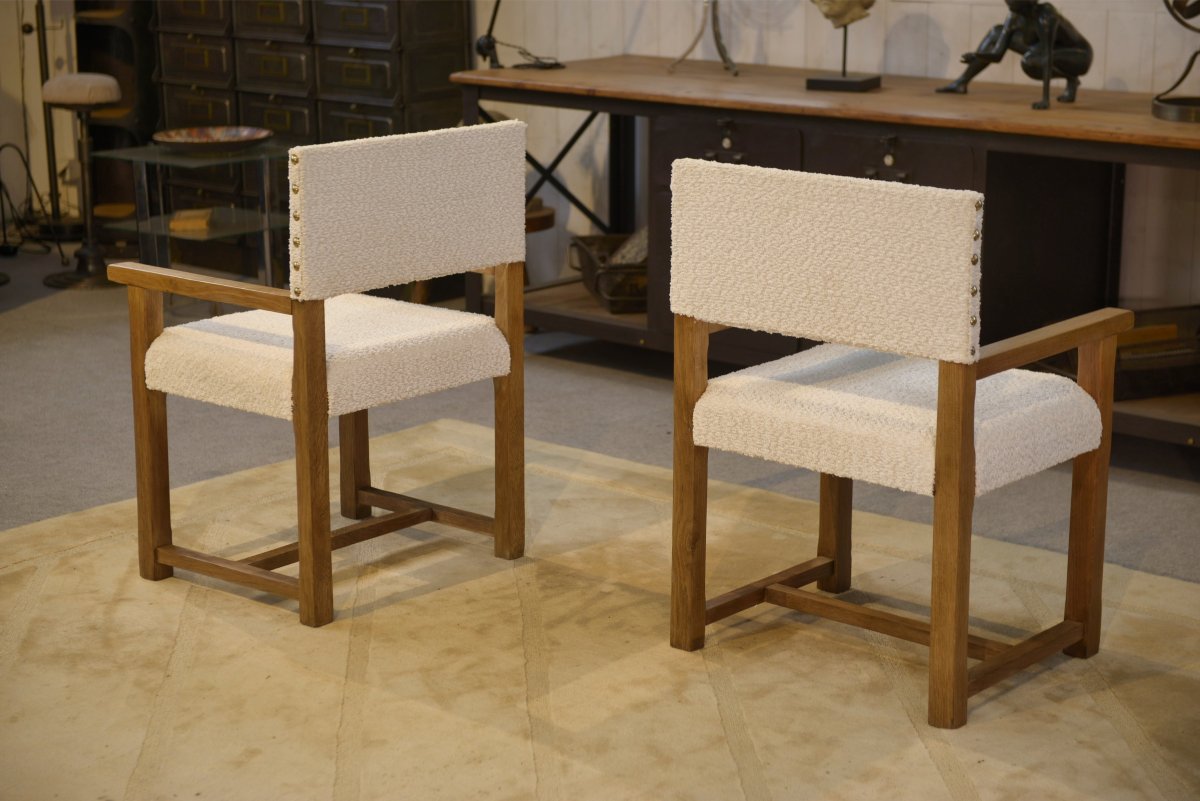 Pair Of Brutalist Oak Armchairs With Ecru Curls 1950's-photo-7