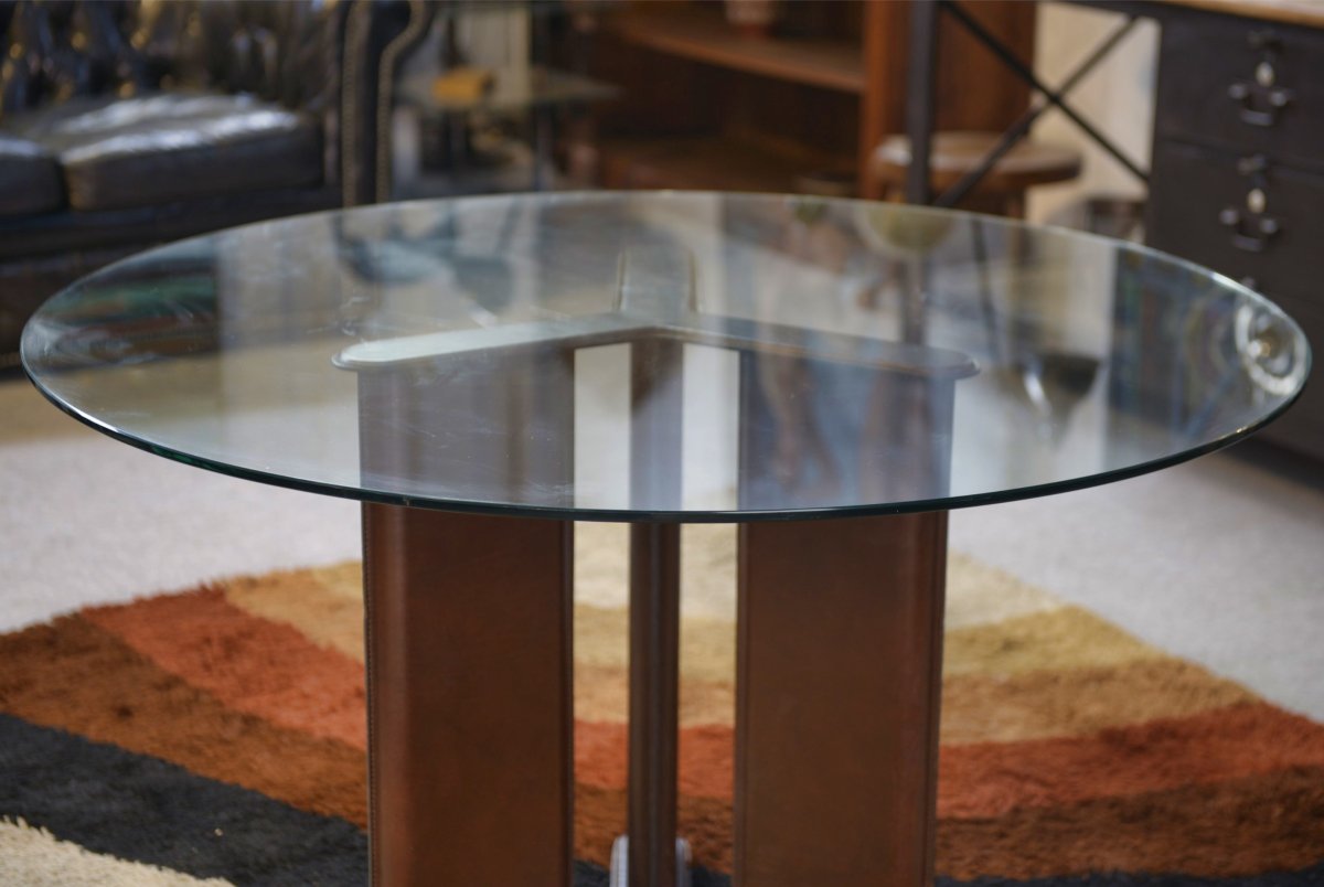 Round Table By Tito Agnoli For Matteo Grassi, With Legs Covered In Brown Leather, 1970s-photo-2