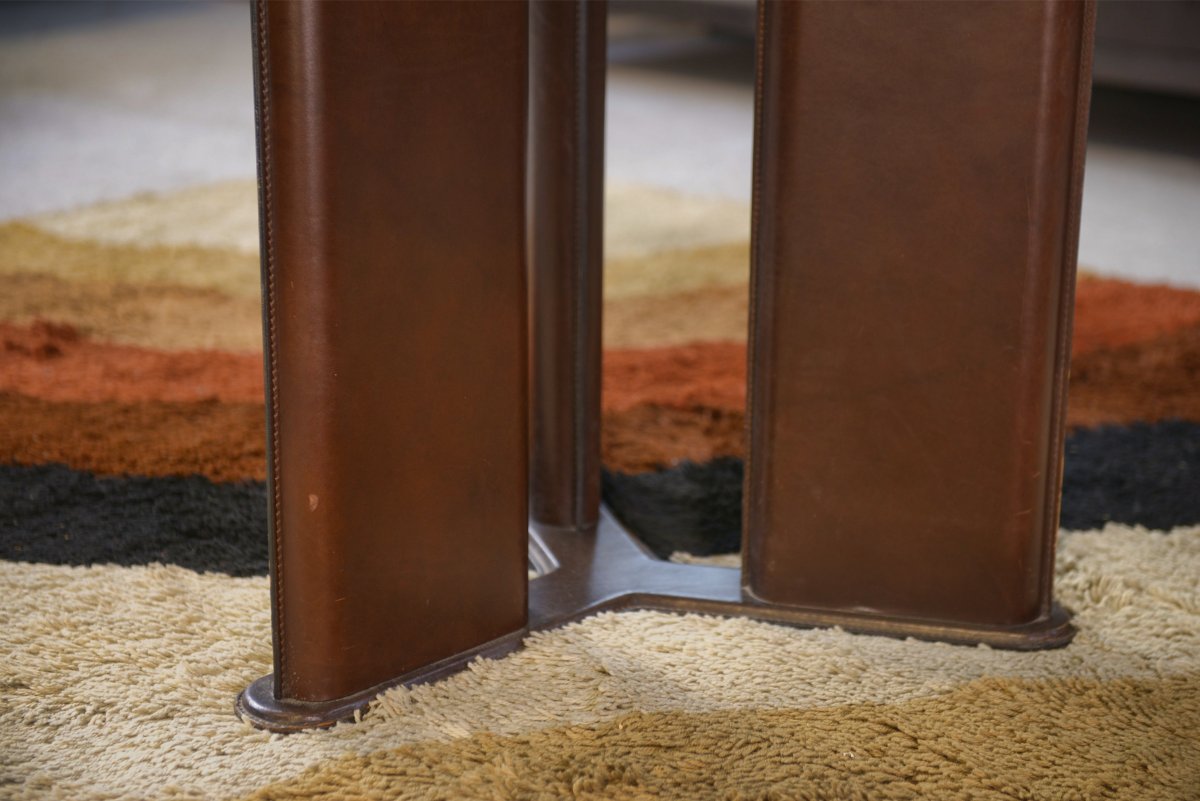 Round Table By Tito Agnoli For Matteo Grassi, With Legs Covered In Brown Leather, 1970s-photo-3