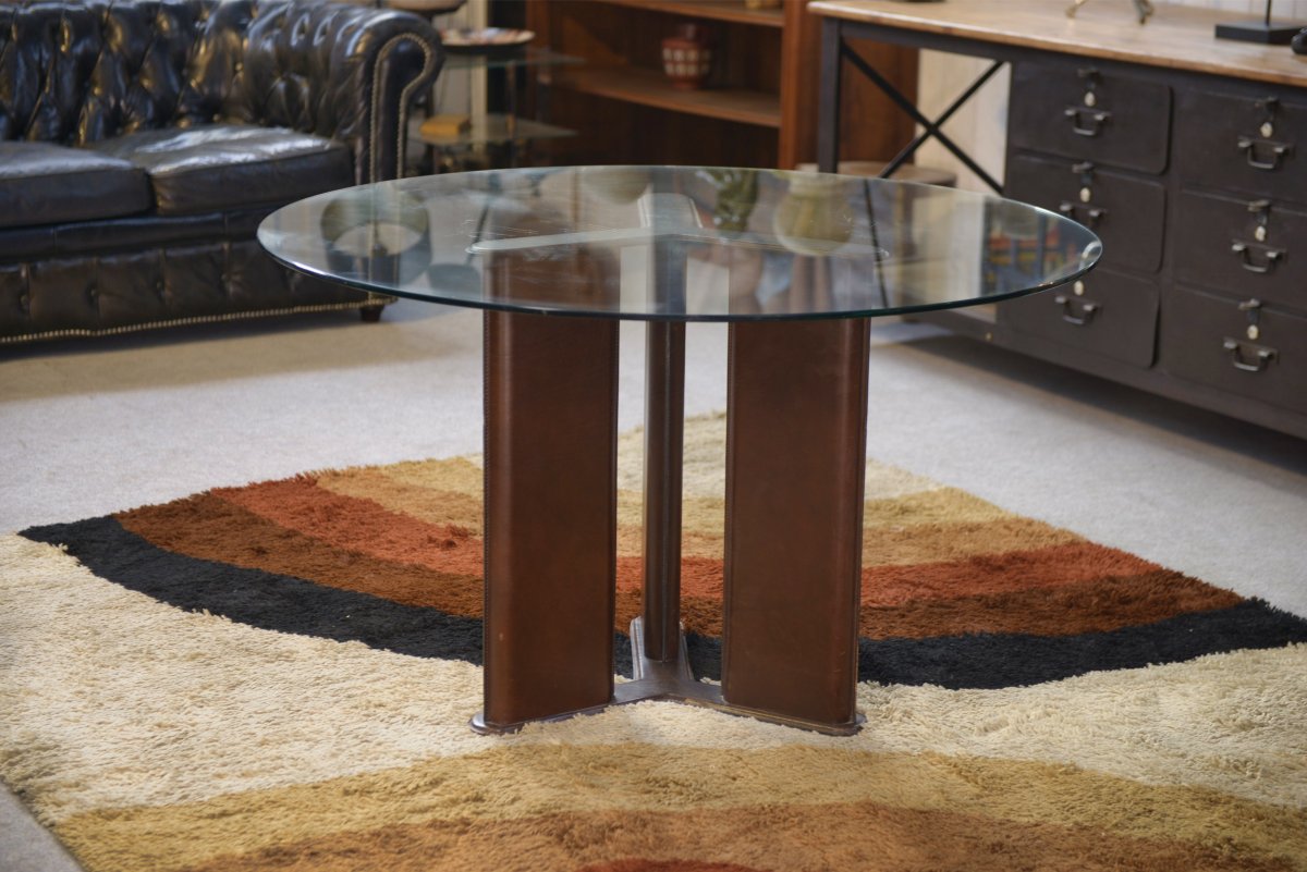 Round Table By Tito Agnoli For Matteo Grassi, With Legs Covered In Brown Leather, 1970s-photo-4