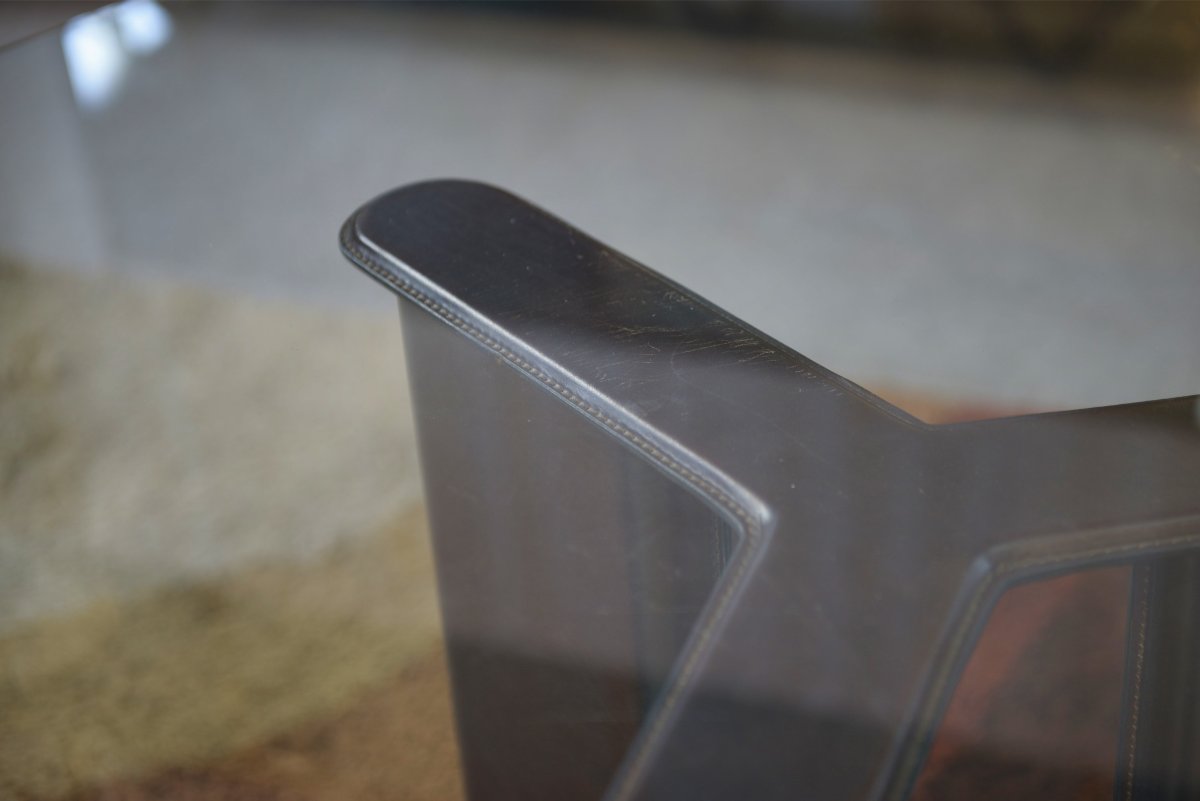 Round Table By Tito Agnoli For Matteo Grassi, With Legs Covered In Brown Leather, 1970s-photo-1