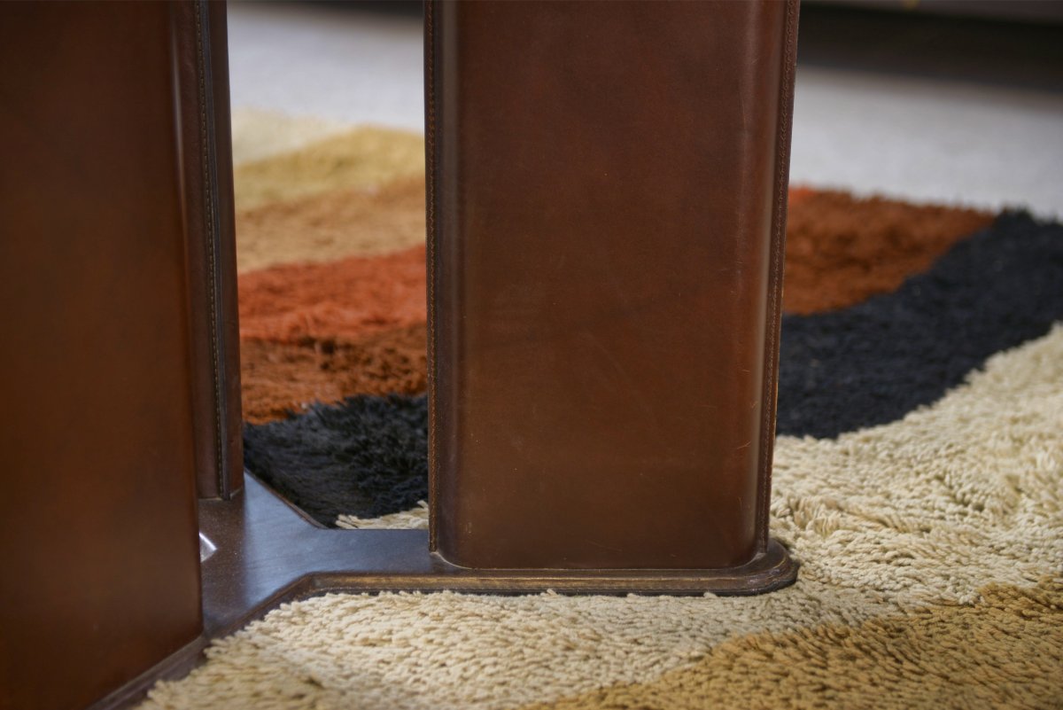 Round Table By Tito Agnoli For Matteo Grassi, With Legs Covered In Brown Leather, 1970s-photo-3