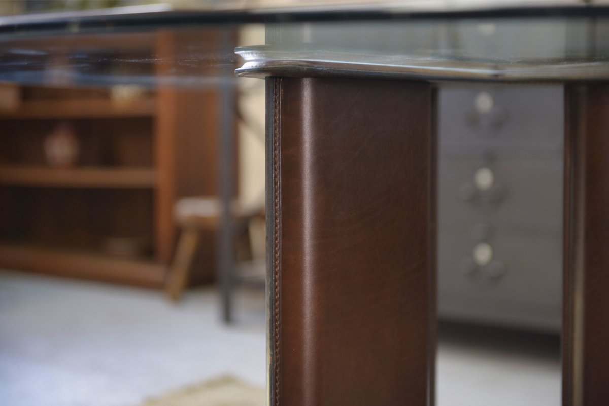 Round Table By Tito Agnoli For Matteo Grassi, With Legs Covered In Brown Leather, 1970s-photo-4