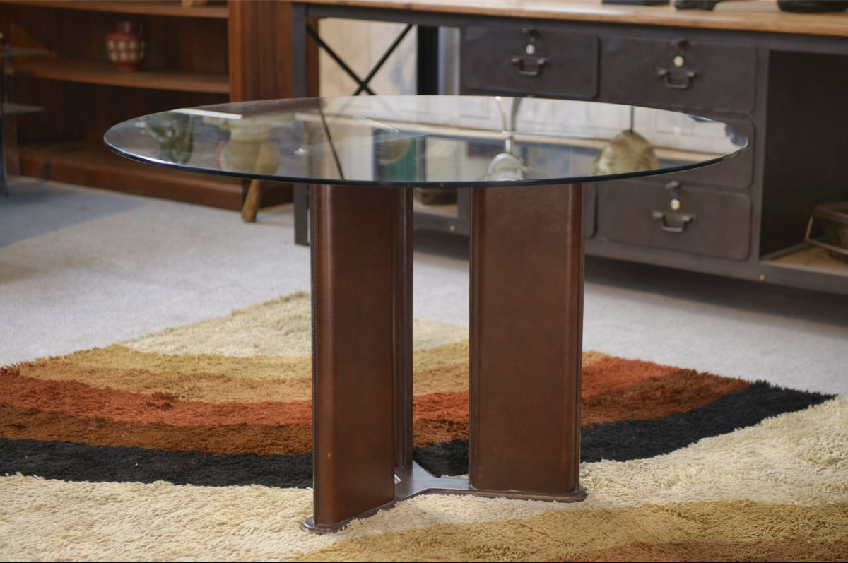 Round Table By Tito Agnoli For Matteo Grassi, With Legs Covered In Brown Leather, 1970s