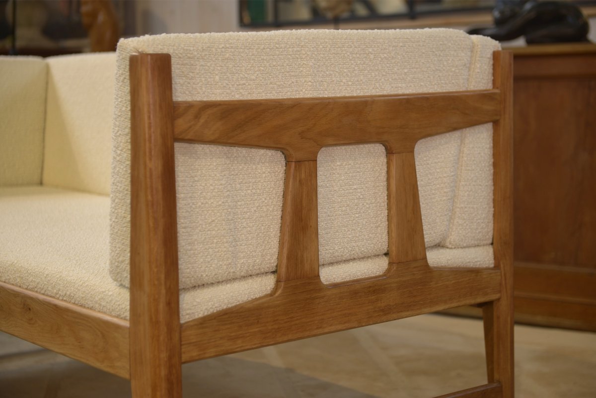 Oak Sofa With Ecru Looped Fabric By Guillerme And Chambron For Votre Maison, 1960s-photo-3